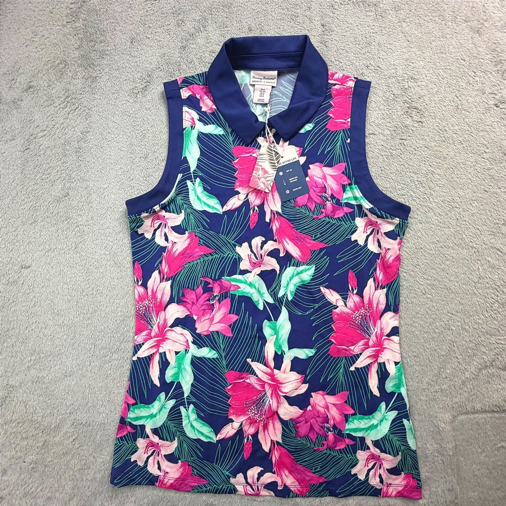 Tommy Bahama Racquet & Paddle Navy Floral Sleeveless Top UPF 50 Small NEW‎